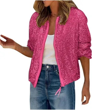 DDAPJ pyju Womens Sequin Jacket Shiny Glitter Sparkly Bomber Jackets Long Sleeve Zip Up Coats 2025 Fashion Party Clubwear