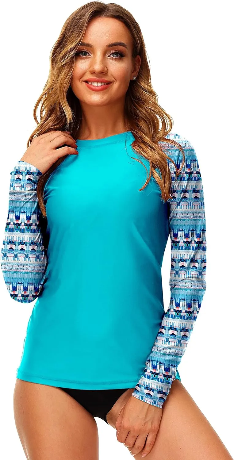 Deerose Women UPF 50  Rash Guard Printed Swim Shirts Surf Swimwear Top