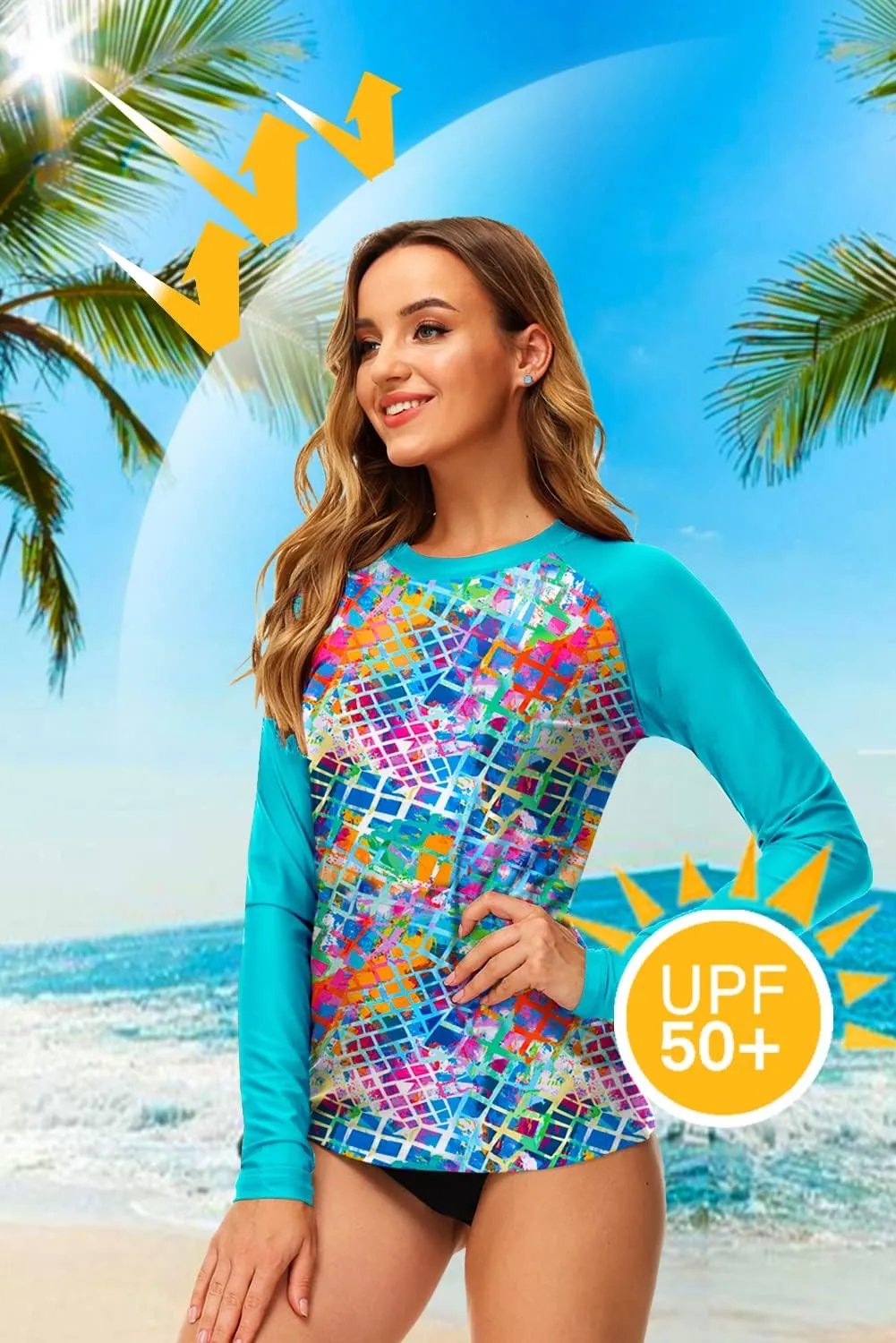 Deerose Women UPF 50  Rash Guard Printed Swim Shirts Surf Swimwear Top