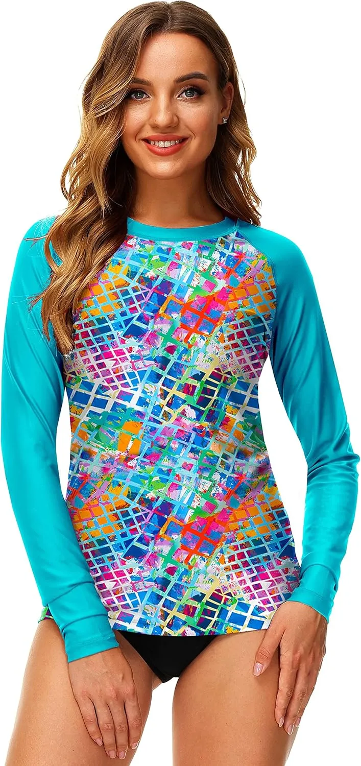 Deerose Women UPF 50  Rash Guard Printed Swim Shirts Surf Swimwear Top