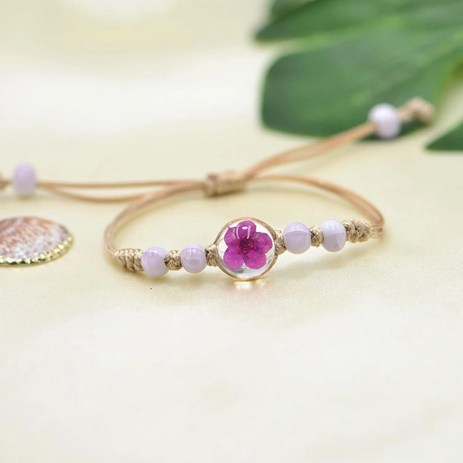 Diving Watches for Men Popular Handmade Adjustable Braided Bracelet Lace Glass Ball Bead Dried Flower Bracelet for Women Decorated Ceramic Glass Ball Dry Flower Plant Bracelet (B, One Size)