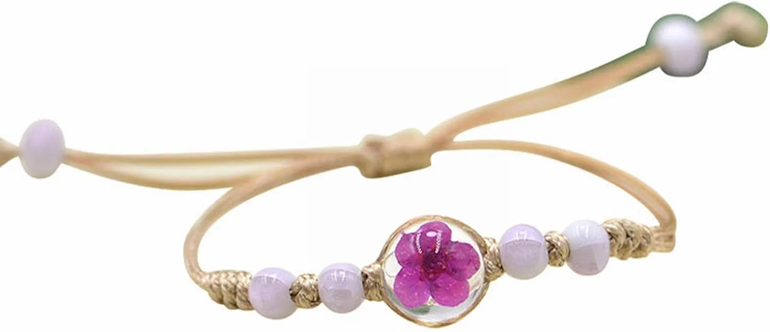 Diving Watches for Men Popular Handmade Adjustable Braided Bracelet Lace Glass Ball Bead Dried Flower Bracelet for Women Decorated Ceramic Glass Ball Dry Flower Plant Bracelet (B, One Size)