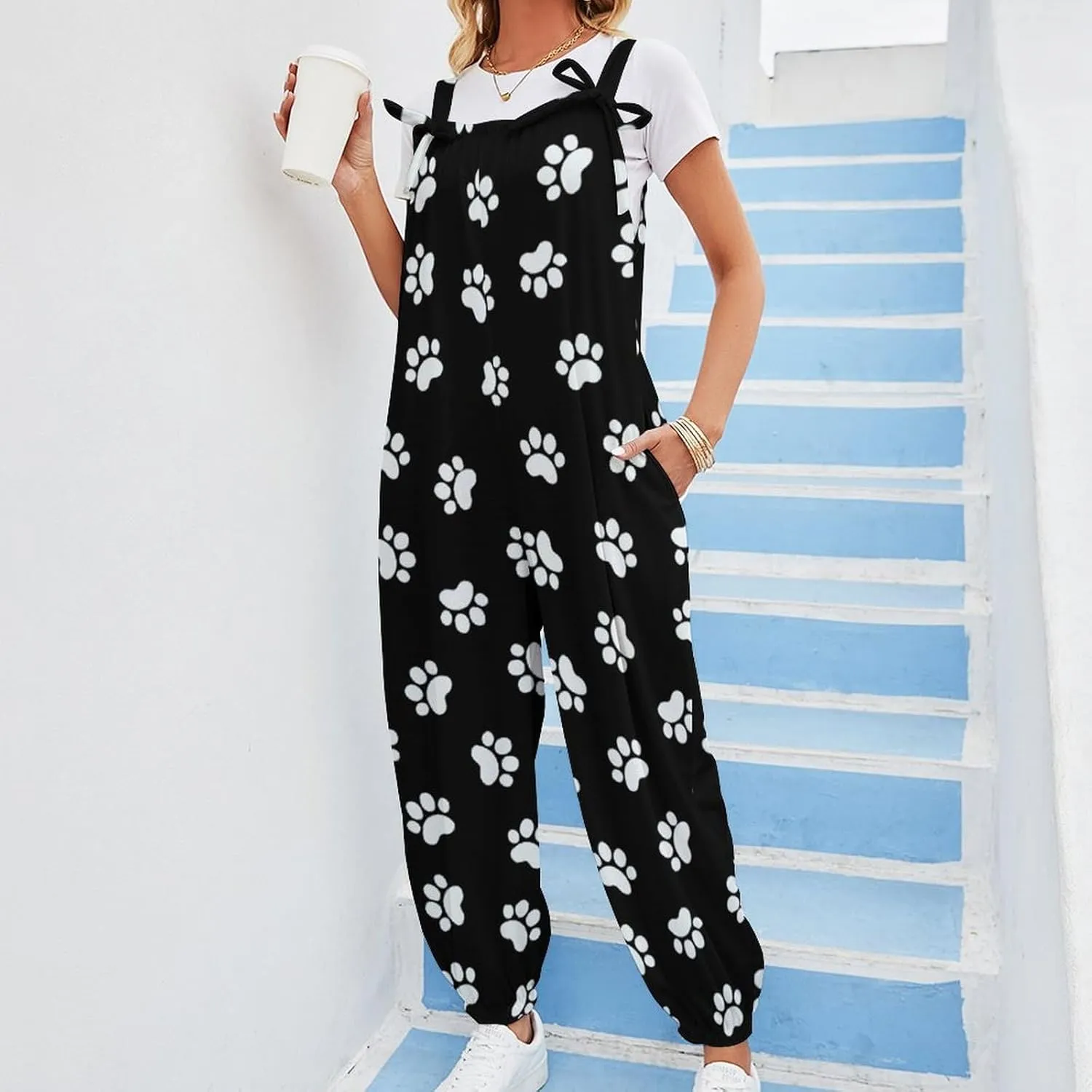 Dog Cat Animal Paws Suspender Womans Slings Jumpsuit Jumpsuits Rompers Loose Bow Shoulder Camisole Pant