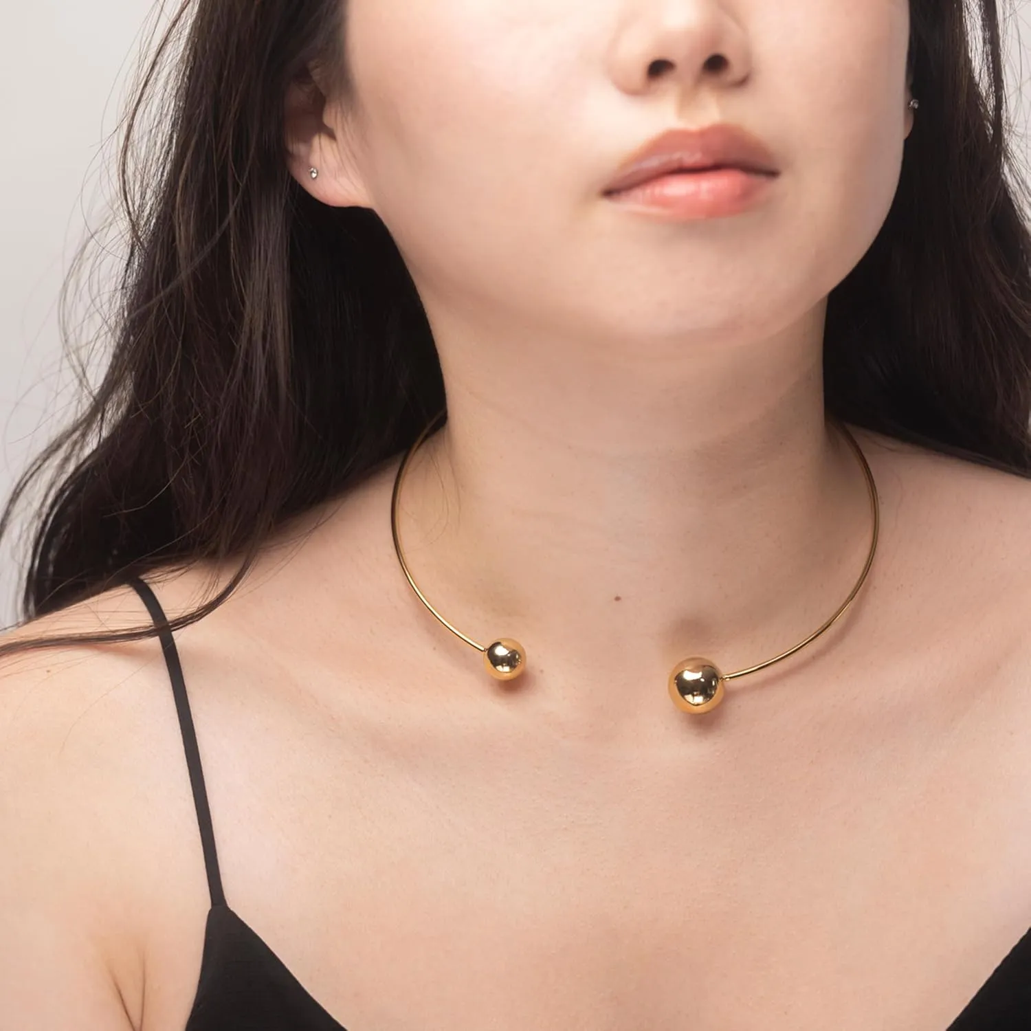 Double Orb Choker Necklace  Minimalist Open Collar Necklace with Polished Sphere Ends | Modern Statement Jewelry | Gold or Silver Plated