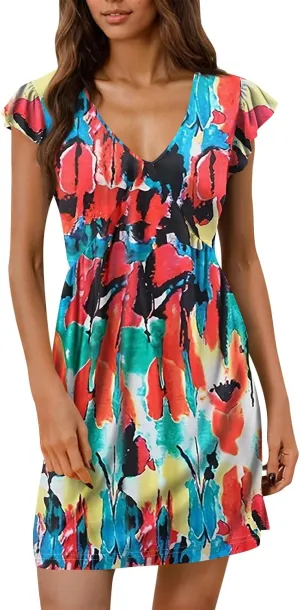 Dresses for Women 2025 Womens Summer Beach Dresses Casual Loose Deep V Neck Sundress Ruffle Short Sleeve Mini Dress