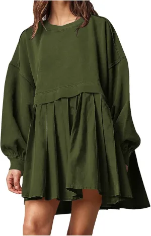 Dresses for Women Oversized Patchwork Sweatshirt Dress Long Sleeve Crewneck Pleated Dress 2024 Fall Fashion Outfits