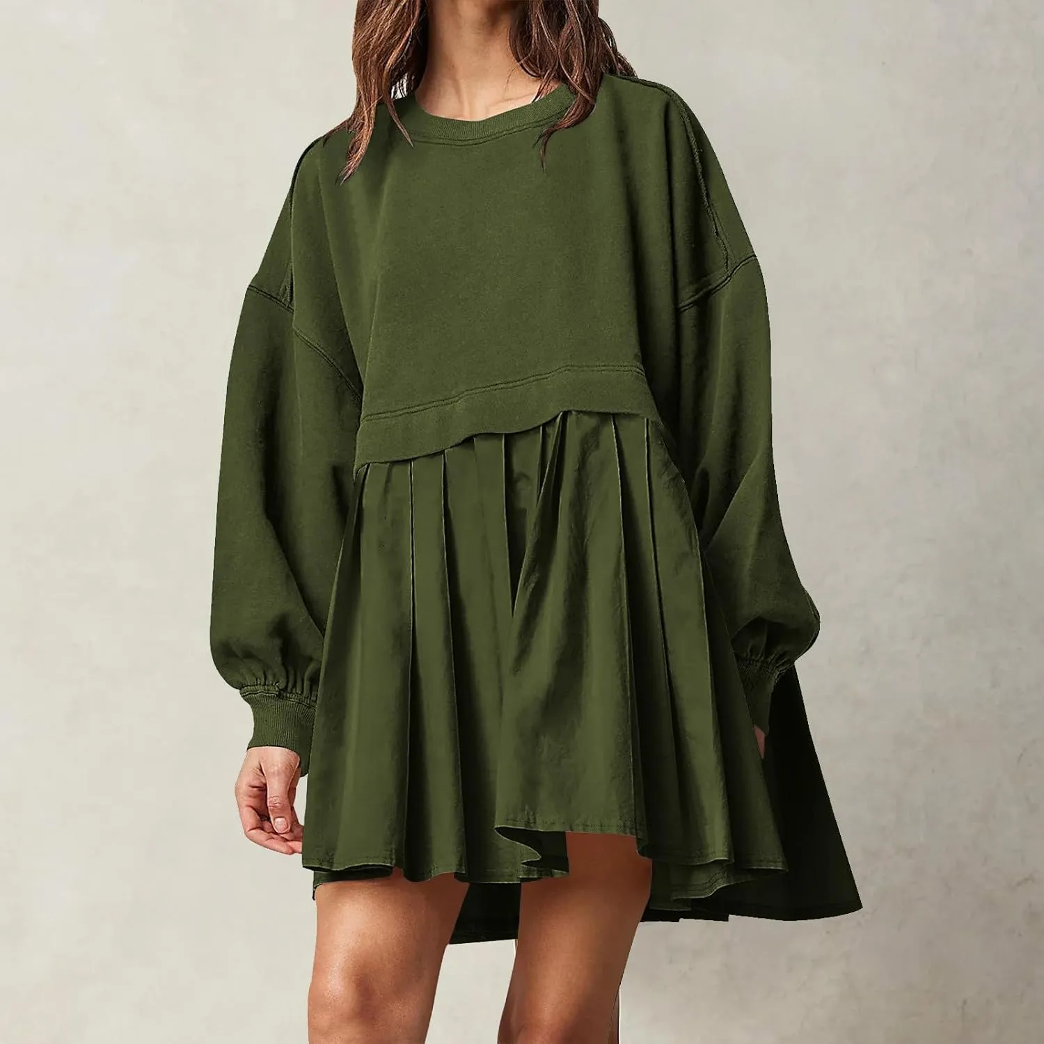 Dresses for Women Oversized Patchwork Sweatshirt Dress Long Sleeve Crewneck Pleated Dress 2024 Fall Fashion Outfits