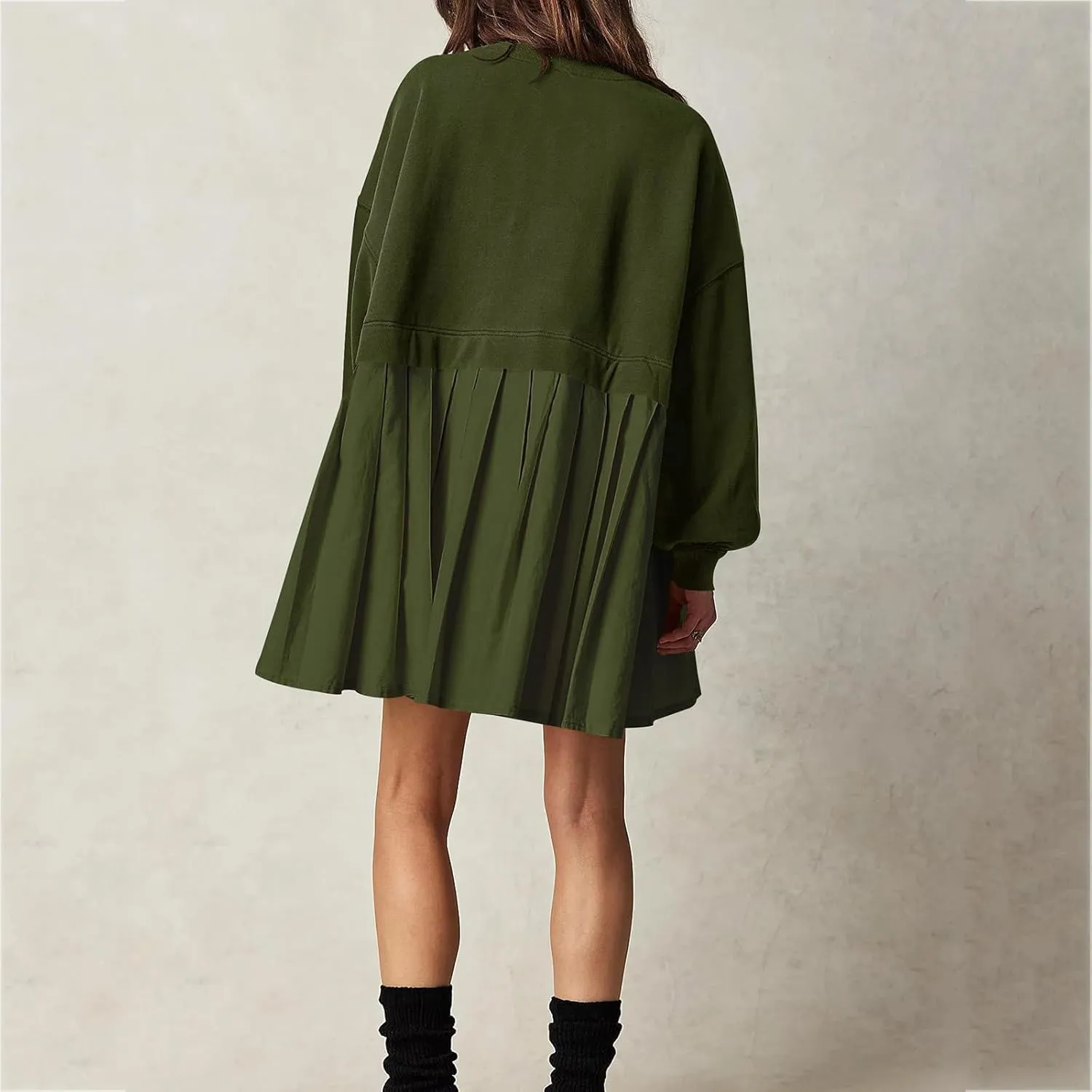 Dresses for Women Oversized Patchwork Sweatshirt Dress Long Sleeve Crewneck Pleated Dress 2024 Fall Fashion Outfits