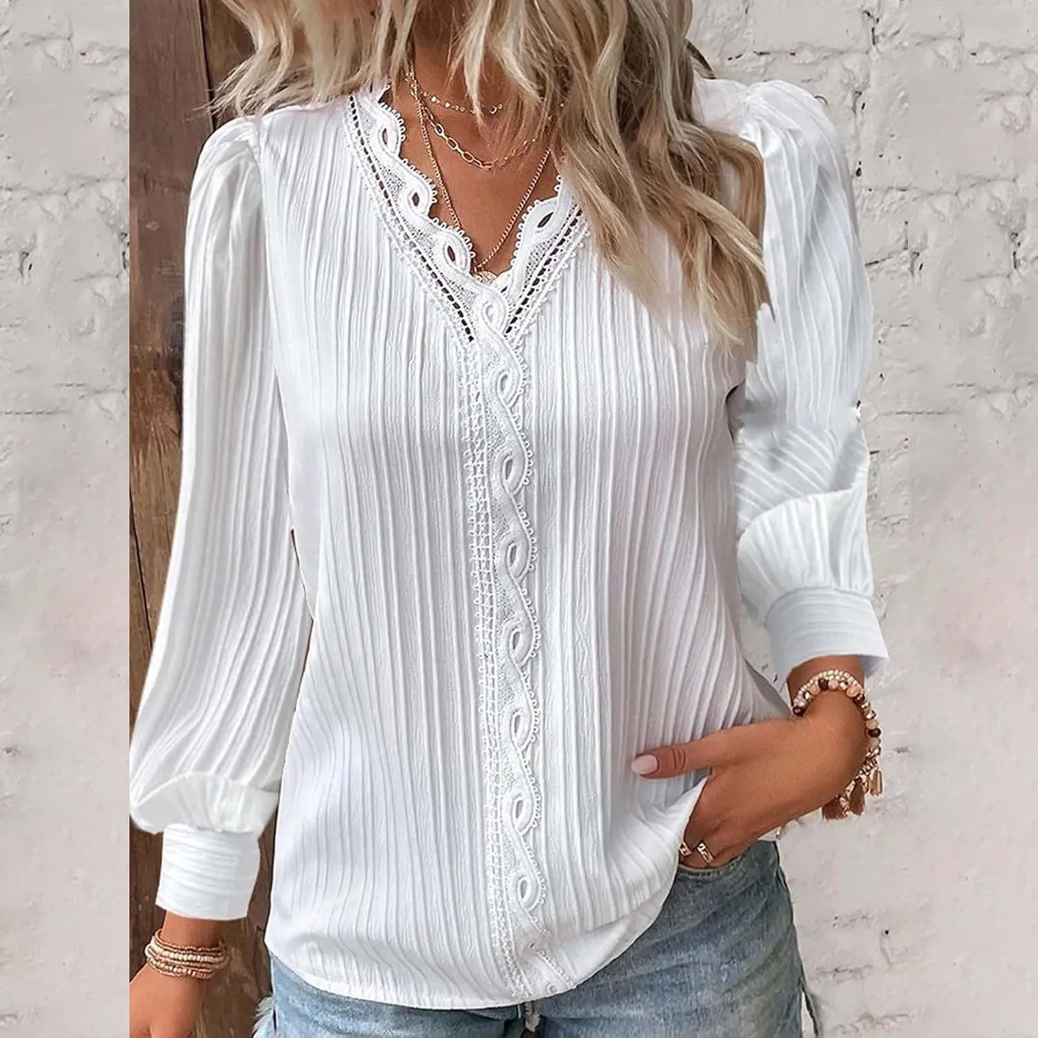 Dressy T Shirts for Women Elegant Lace Patchwork V Neck Long Sleeve Pleated Tops Office Work Going Out Party Blouse