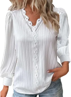 Dressy T Shirts for Women Elegant Lace Patchwork V Neck Long Sleeve Pleated Tops Office Work Going Out Party Blouse