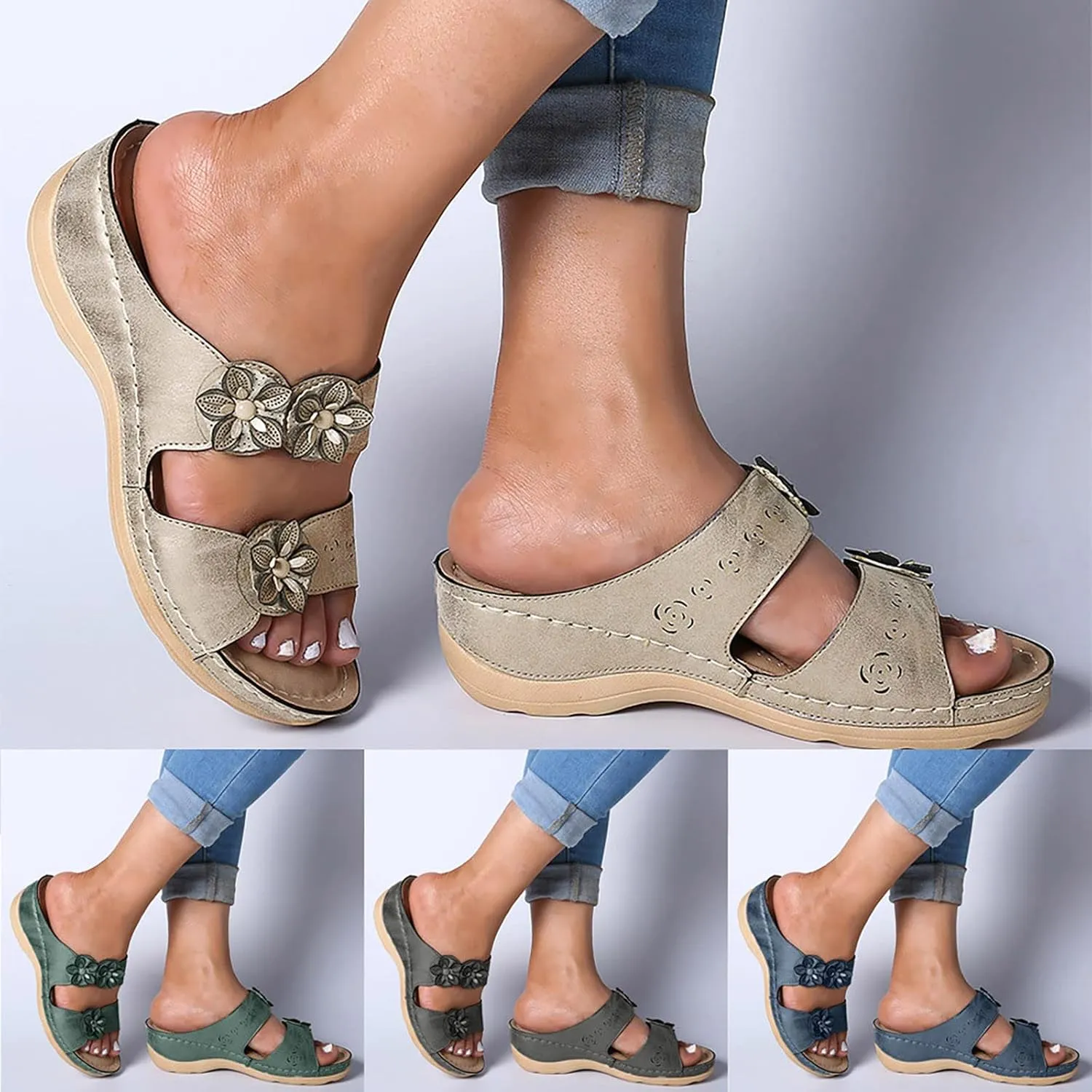 Eduavar Orthopedic Sandals for Women, Sandals Women Comfortable Slip On Sandals Casual Peep Toe Sandals Walking Slippers