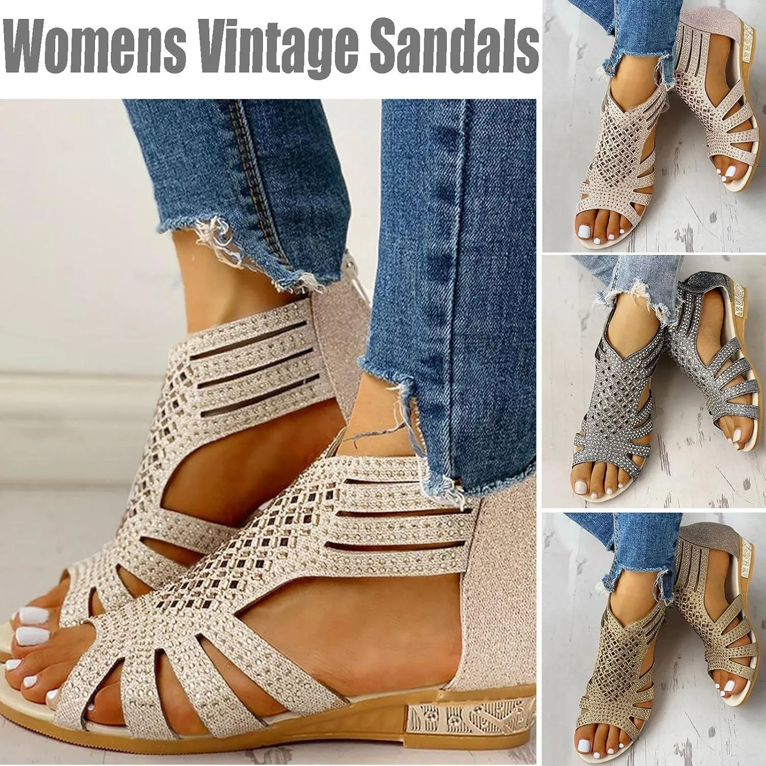 Eduavar Sandals for Women Casual Summer, Beach Sandals for Women Summer Gladiator Sandals Rhinestone Zip Up Low Wedge Sandals