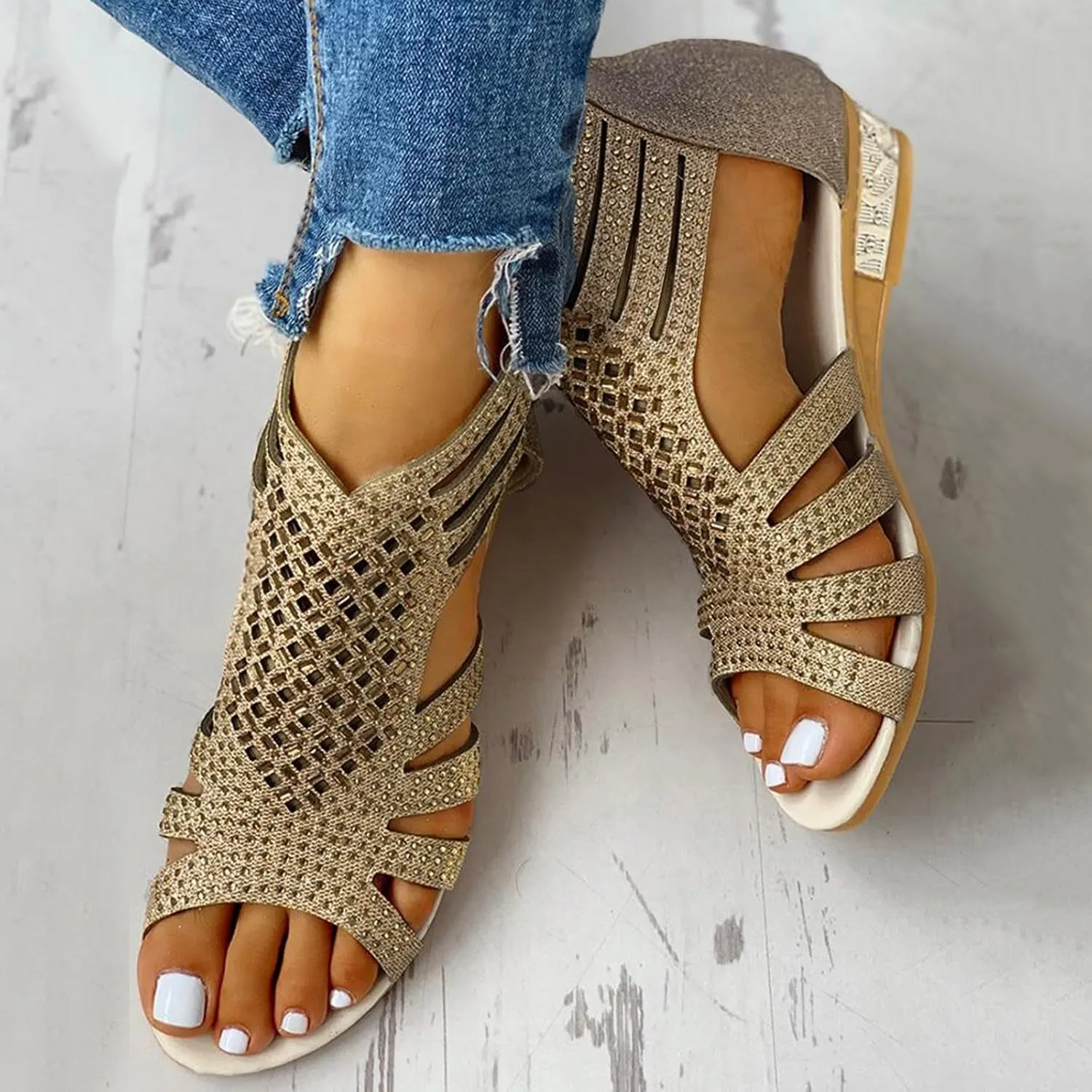 Eduavar Sandals for Women Casual Summer, Beach Sandals for Women Summer Gladiator Sandals Rhinestone Zip Up Low Wedge Sandals