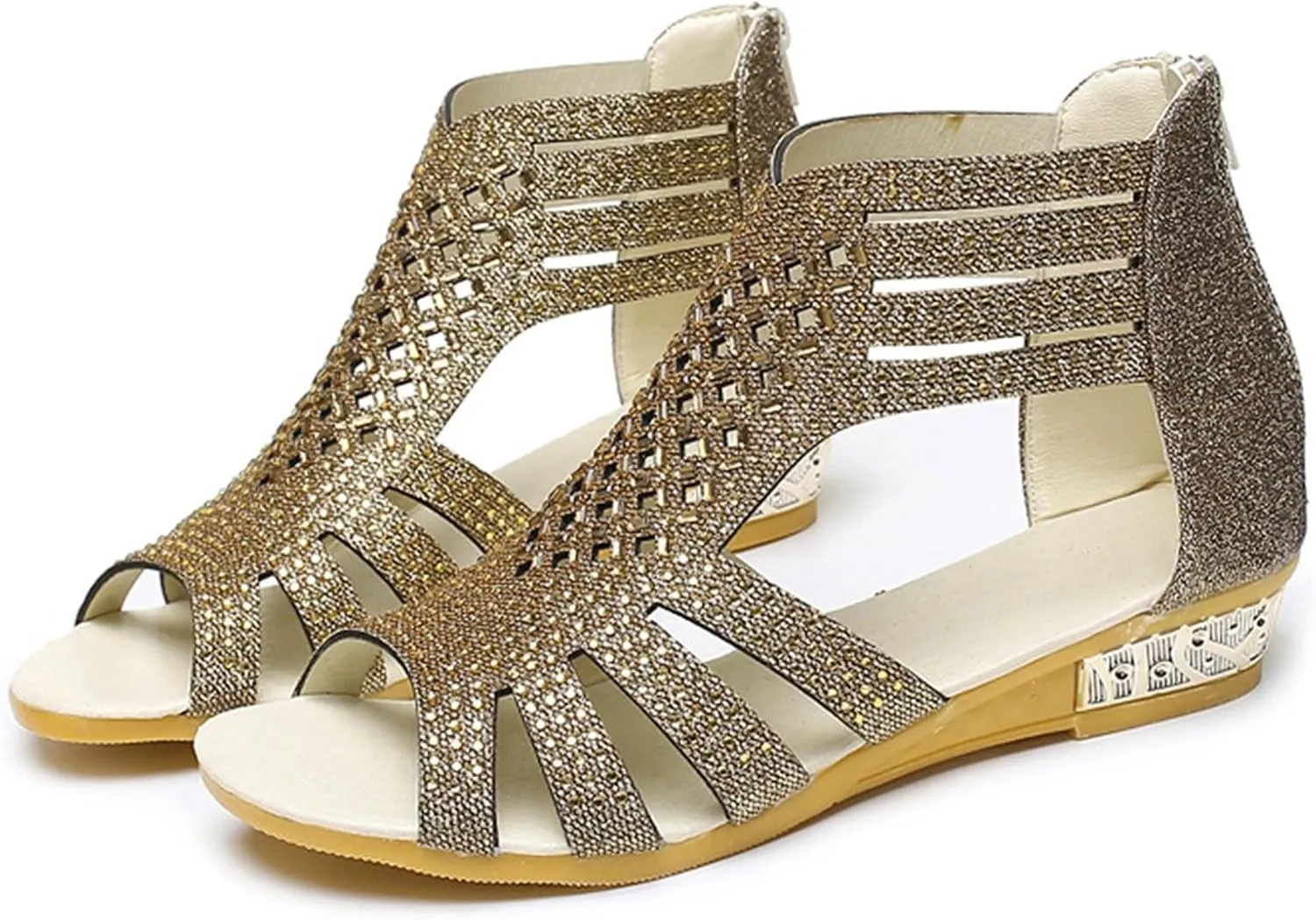 Eduavar Sandals for Women Casual Summer, Beach Sandals for Women Summer Gladiator Sandals Rhinestone Zip Up Low Wedge Sandals