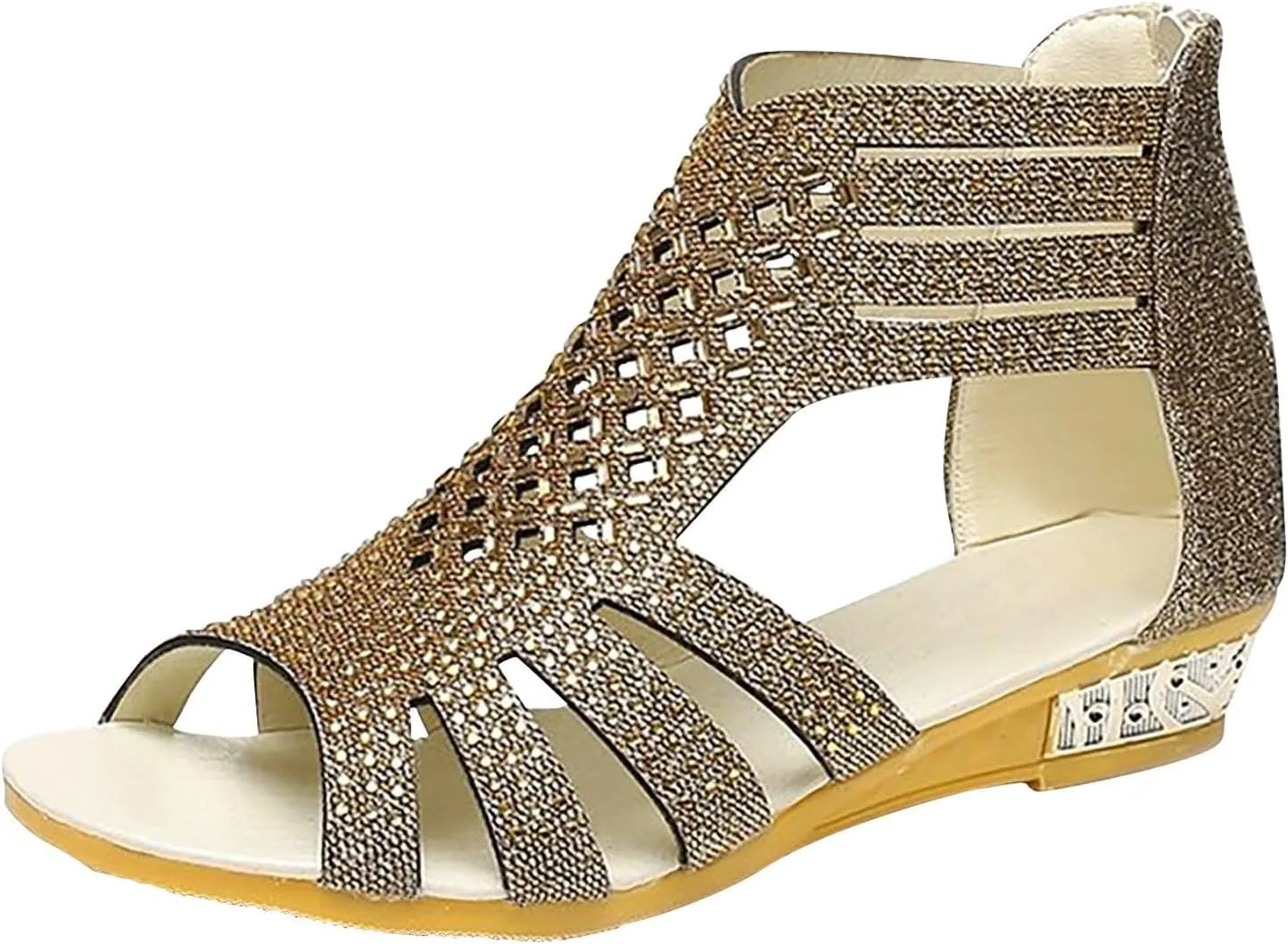 Eduavar Sandals for Women Casual Summer, Beach Sandals for Women Summer Gladiator Sandals Rhinestone Zip Up Low Wedge Sandals