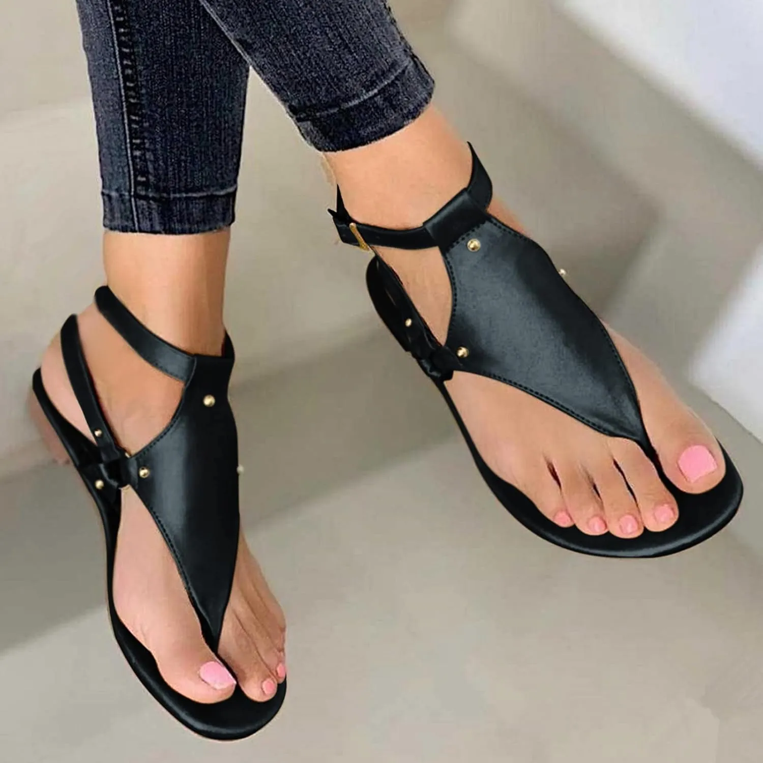 Eduavar Sandals for Women Casual Summer, Gladiator Sandals for Women Leather Open Toe Flip Flops Sandals with Buckle Strap