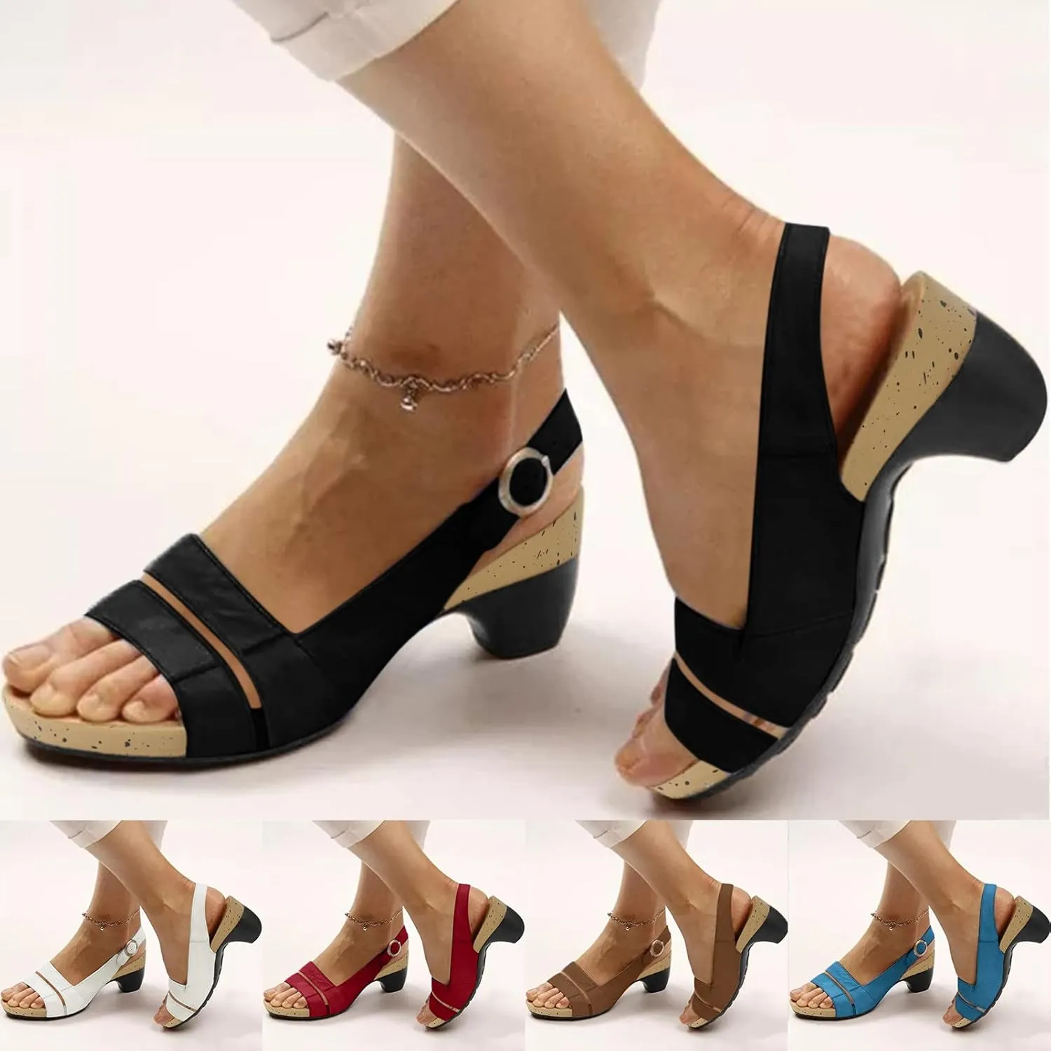 Eduavar Sandals for Women Dressy Summer, Orthopedic Sandals for Women Casual Open Toe Chunky Low Heel Sandals with Buckle