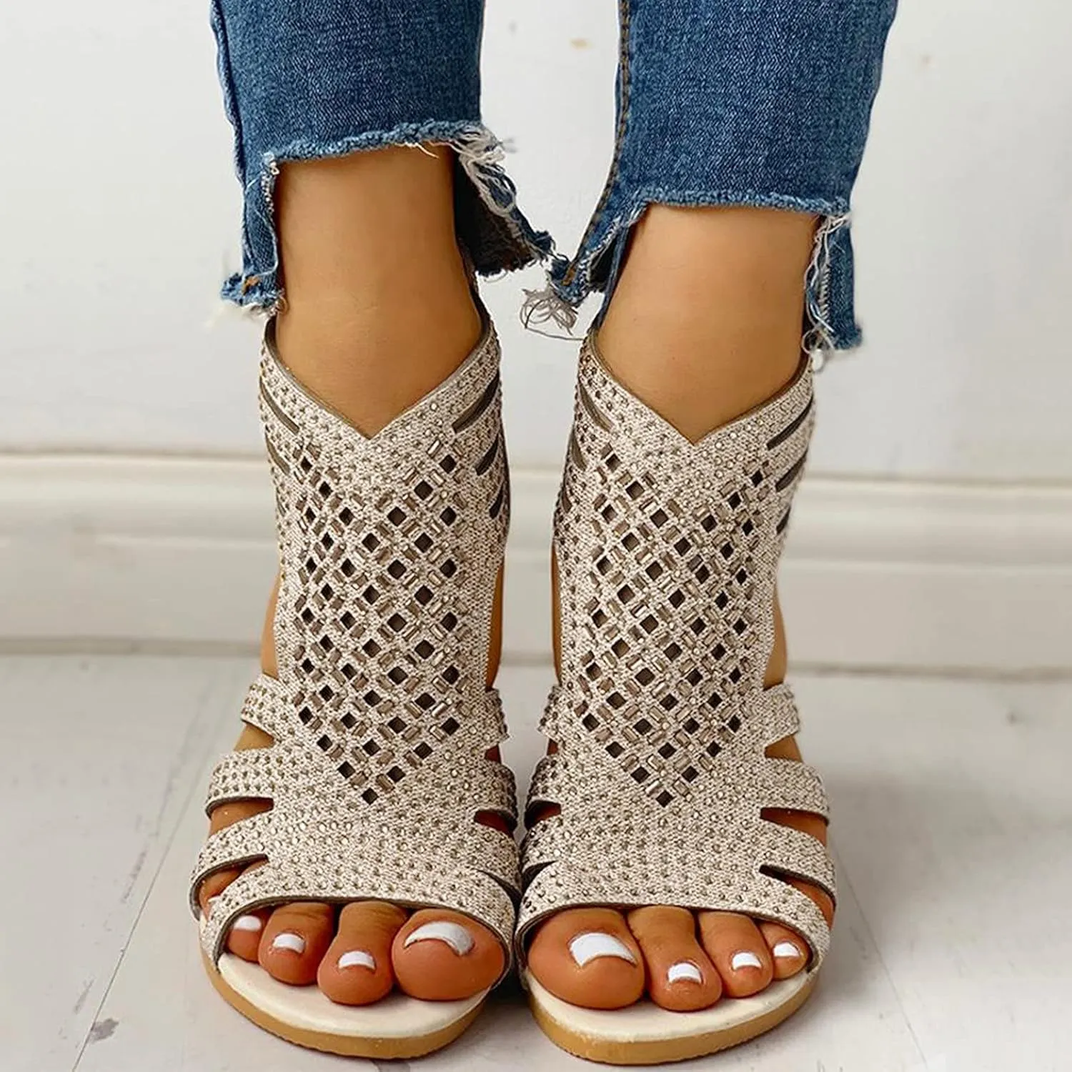 Eduavar Walking Sandals Women, Orthopedic Sandals for Women Low Wedge Sandals Cutout Zip Up Crystal Sandals Shoes