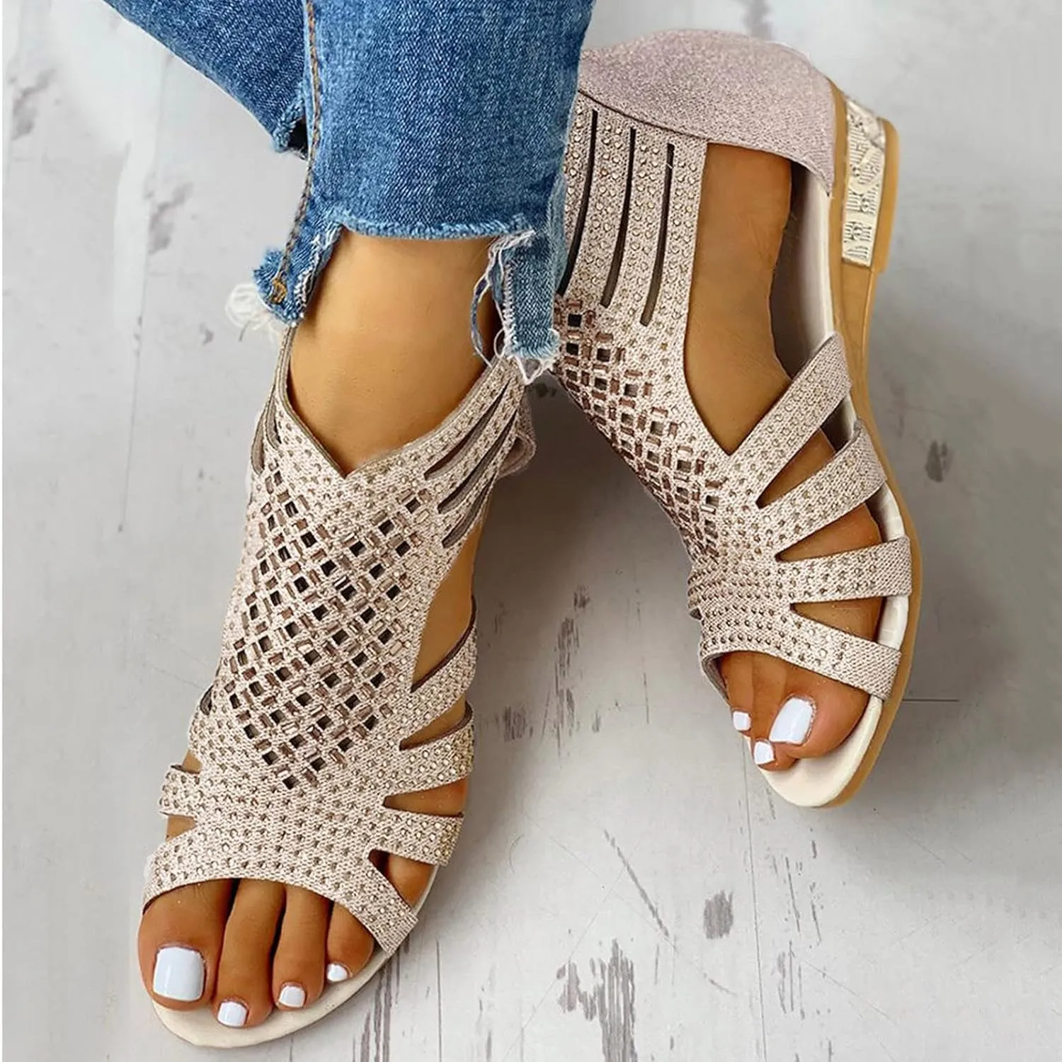 Eduavar Walking Sandals Women, Orthopedic Sandals for Women Low Wedge Sandals Cutout Zip Up Crystal Sandals Shoes