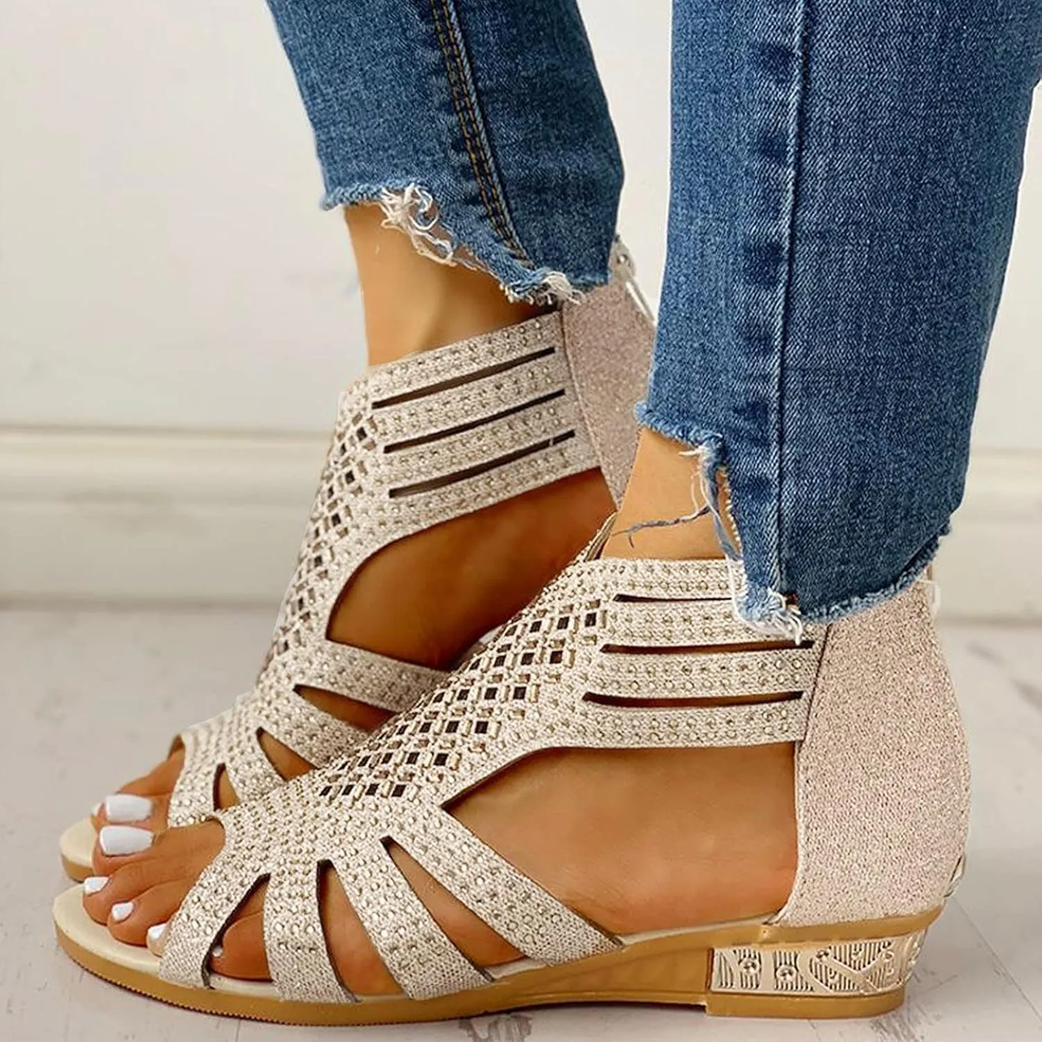 Eduavar Walking Sandals Women, Orthopedic Sandals for Women Low Wedge Sandals Cutout Zip Up Crystal Sandals Shoes