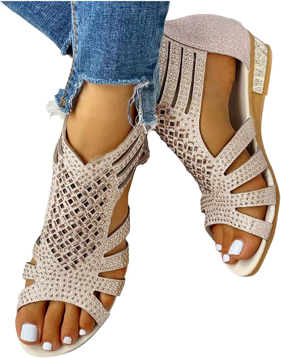 Eduavar Walking Sandals Women, Orthopedic Sandals for Women Low Wedge Sandals Cutout Zip Up Crystal Sandals Shoes