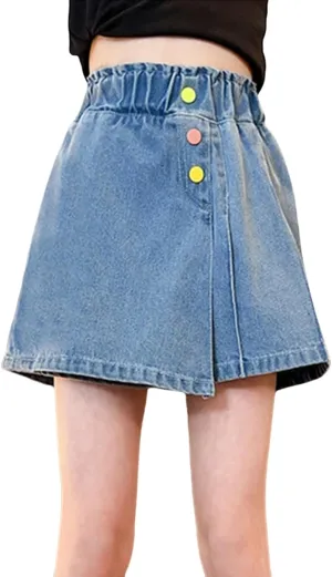 Elastic Waist Jeans Skorts for Girls Stretch High Waisted Denim Shorts Colorful Button Kids Fashion Baggy Shorts