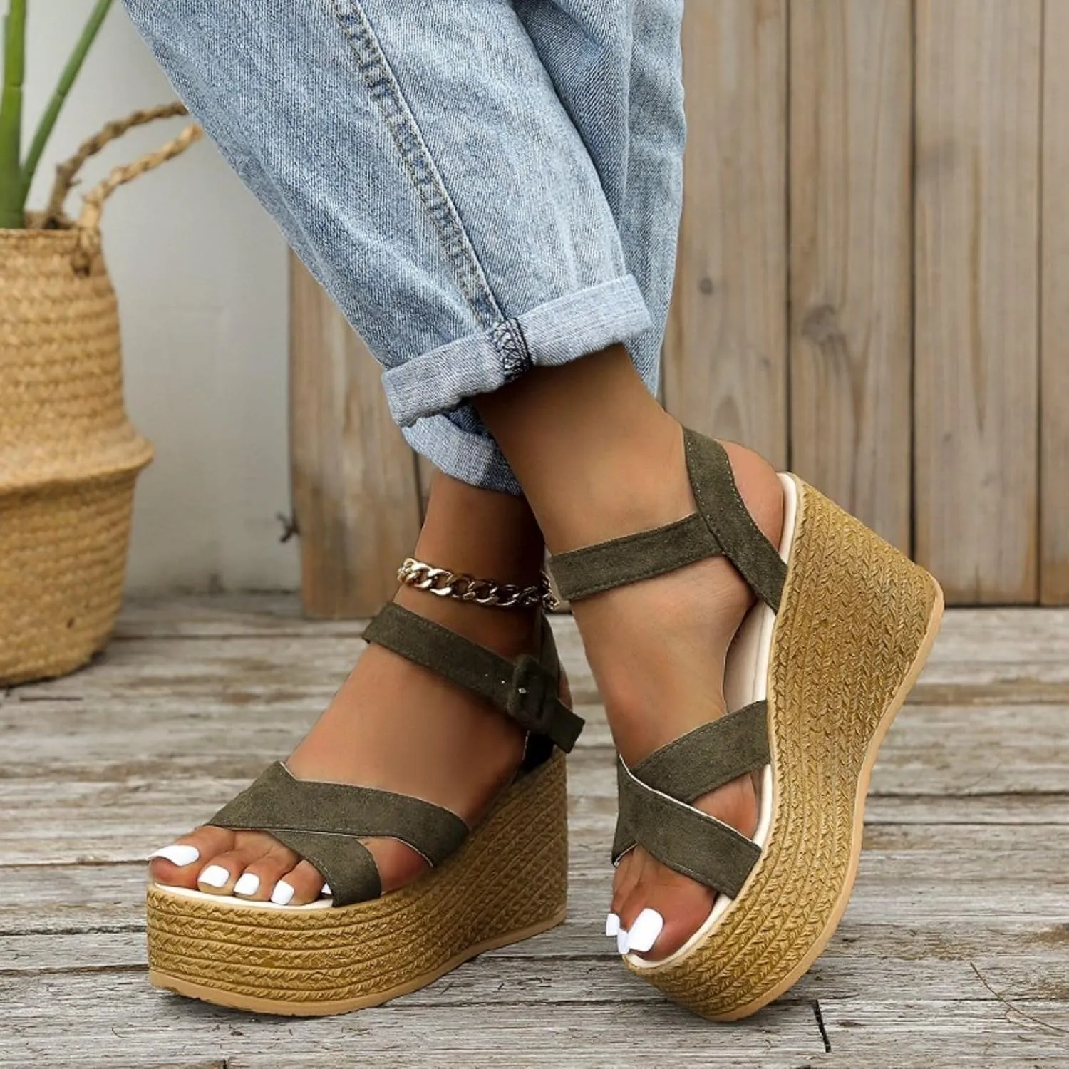 Espadrille Platform Wedge Sandals for Women Open Toe Ankle Buckle Strap Crisscross Sandal Dressy Casual Summer Shoes
