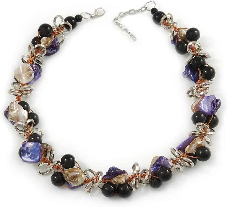 Exquisite Black Ceramic Bead & Purple/Natural Shell Composite Silver Tone Link Necklace - 43cm L/ 5cm Ext