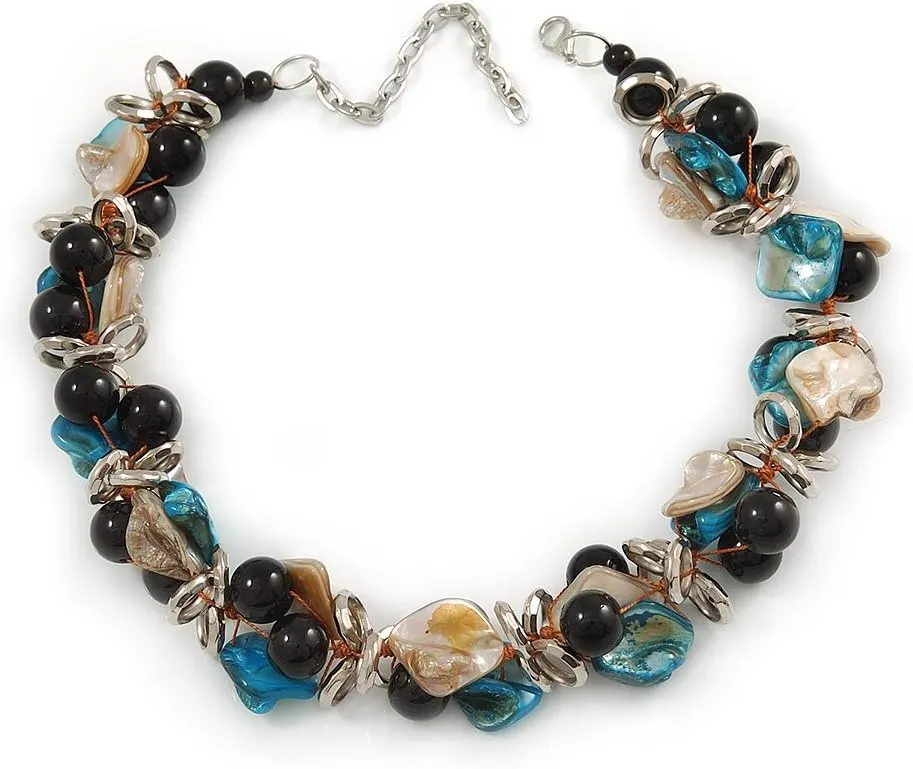 Exquisite Black Ceramic Bead & Teal/Natural Shell Composite Silver Tone Link Necklace - 36cm L/ 7cm Ext