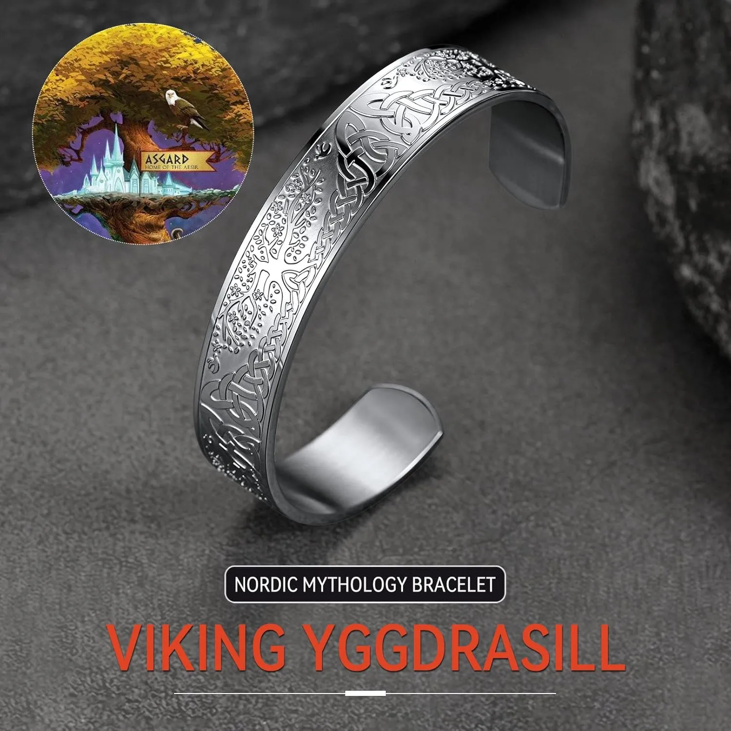 FaithHeart Viking Cuff Bracelet for Men Women, Stainless Steel Rune/Thor's Hammer/Wolf/Celtic Knot Bangles Personalized Customizable