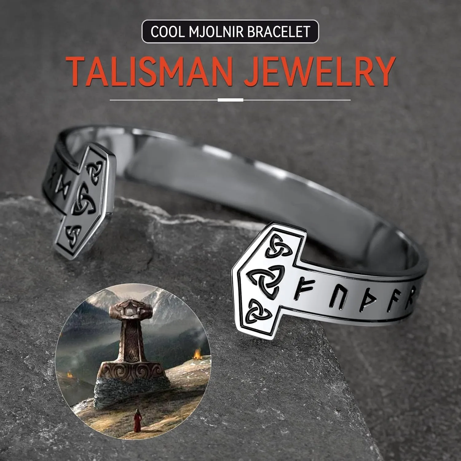 FaithHeart Viking Cuff Bracelet for Men Women, Stainless Steel Rune/Thor's Hammer/Wolf/Celtic Knot Bangles Personalized Customizable