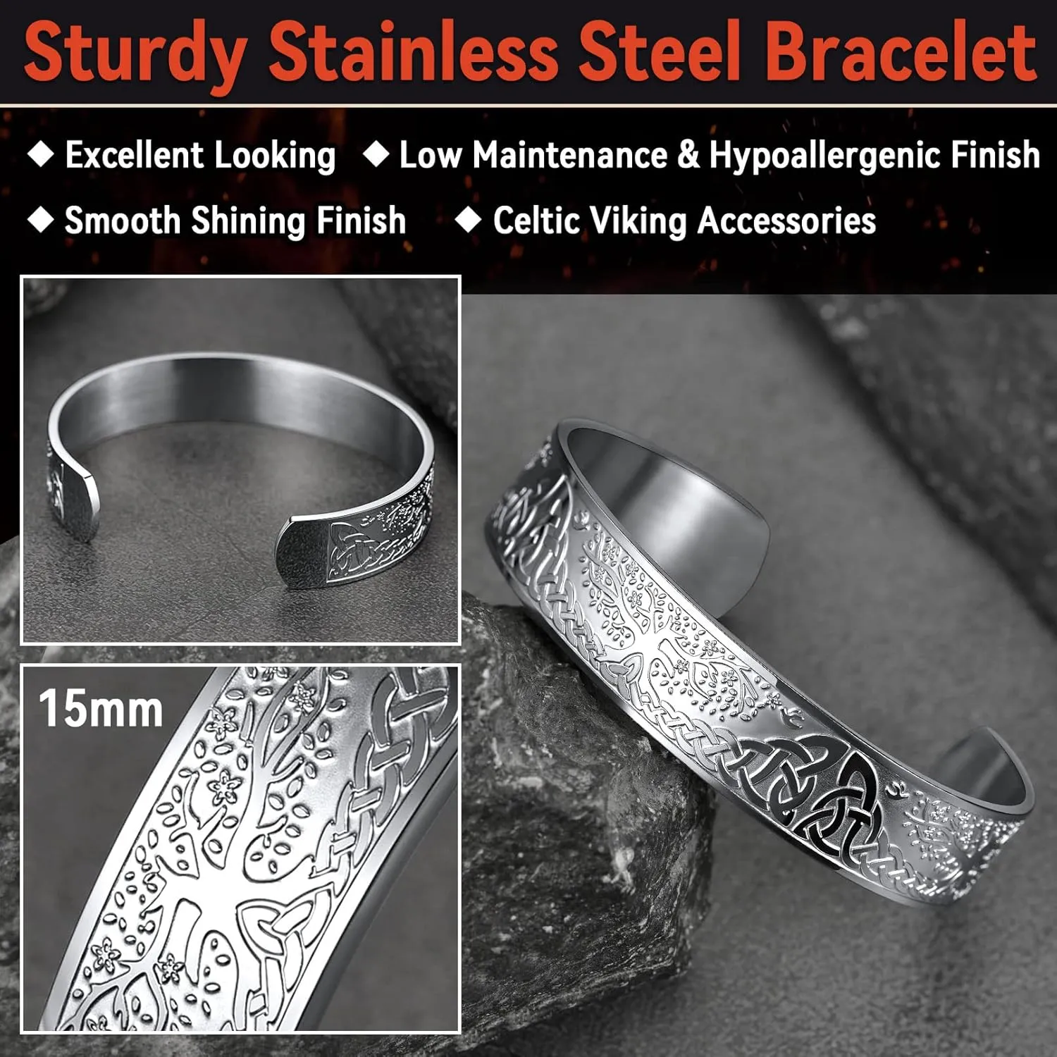 FaithHeart Viking Cuff Bracelet for Men Women, Stainless Steel Rune/Thor's Hammer/Wolf/Celtic Knot Bangles Personalized Customizable