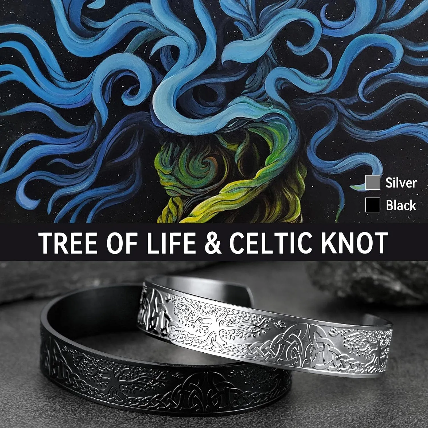 FaithHeart Viking Cuff Bracelet for Men Women, Stainless Steel Rune/Thor's Hammer/Wolf/Celtic Knot Bangles Personalized Customizable