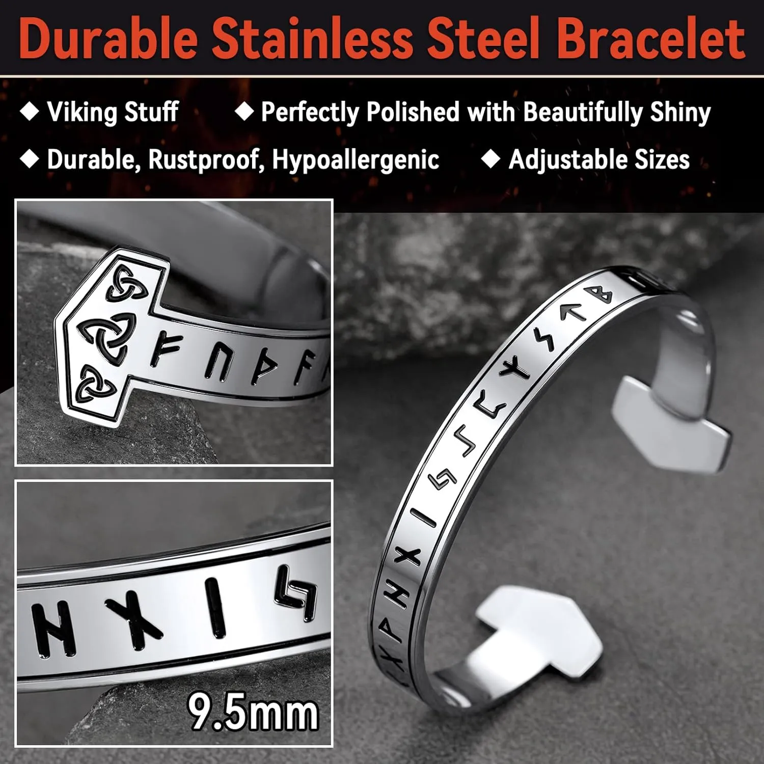 FaithHeart Viking Cuff Bracelet for Men Women, Stainless Steel Rune/Thor's Hammer/Wolf/Celtic Knot Bangles Personalized Customizable