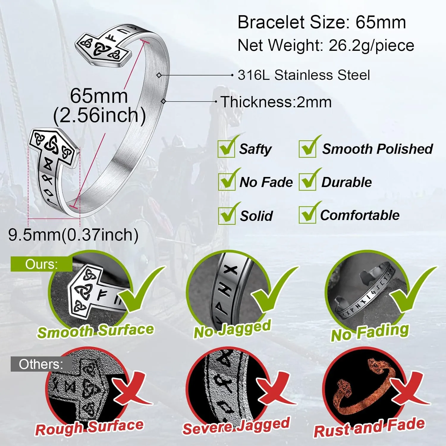 FaithHeart Viking Cuff Bracelet for Men Women, Stainless Steel Rune/Thor's Hammer/Wolf/Celtic Knot Bangles Personalized Customizable