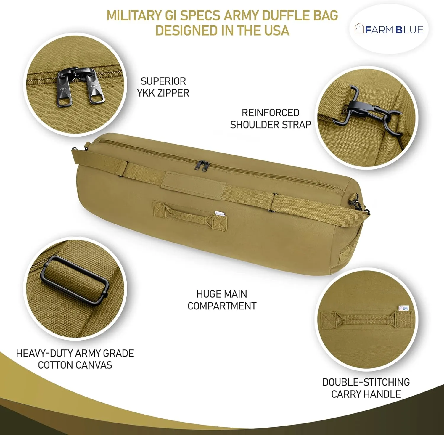 Farm Blue Brand Army GI Style Zipper Duffel Bags- Enormous 30"x50" XX Large - 3 Grab Handles and new External and Internal pockets- 18oz Canvas Duffle Bag Men and Women - XXL OD Green
