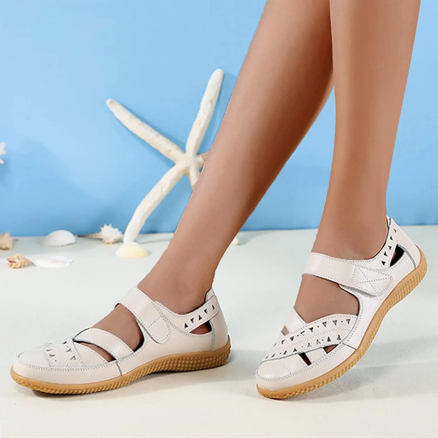 Flat Dress Sandals for Women Summer Casual Closed Toe Leather Sandals,Soft Sole Ankle Strap Mary Jane Orthopedic Beach Shoes