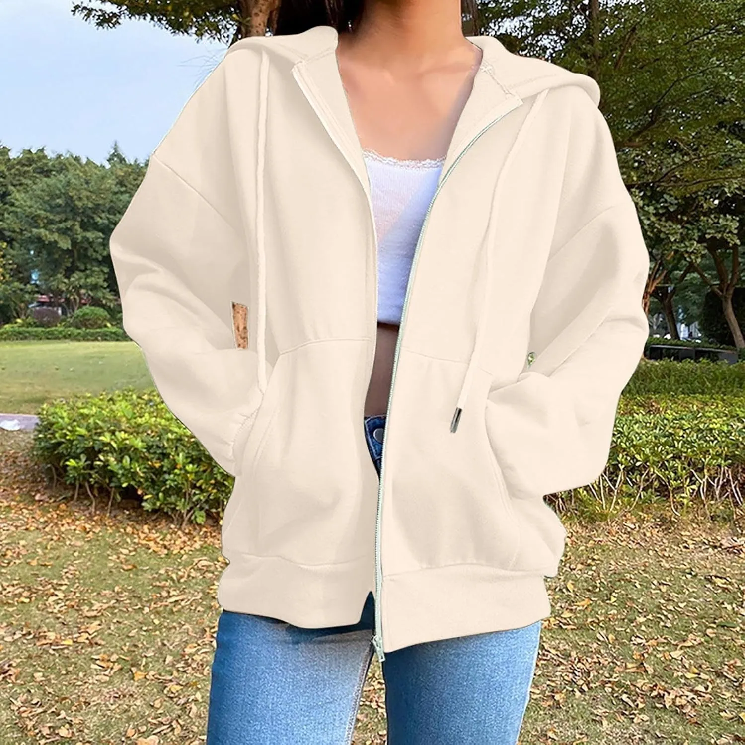 Fleece Hoodies for Women Solid Color Long Sleeve Drawstring Hooded Zip Up Thick Warm Coats Trendy Open Front Jackets
