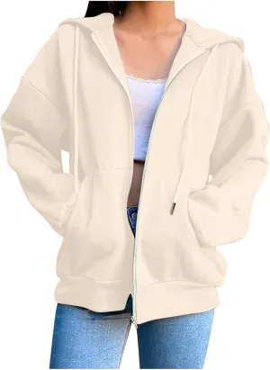 Fleece Hoodies for Women Solid Color Long Sleeve Drawstring Hooded Zip Up Thick Warm Coats Trendy Open Front Jackets