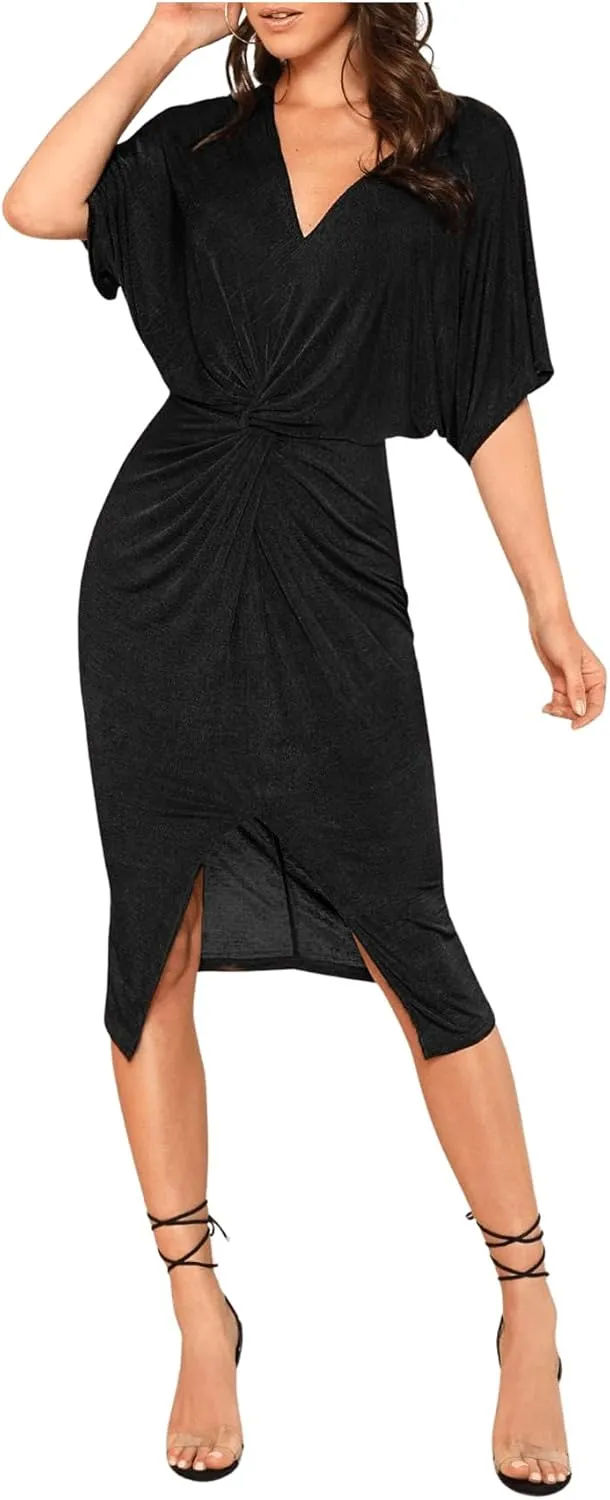 Floerns Women's Short Sleeve V Neck Twist Front Split Midi Dress