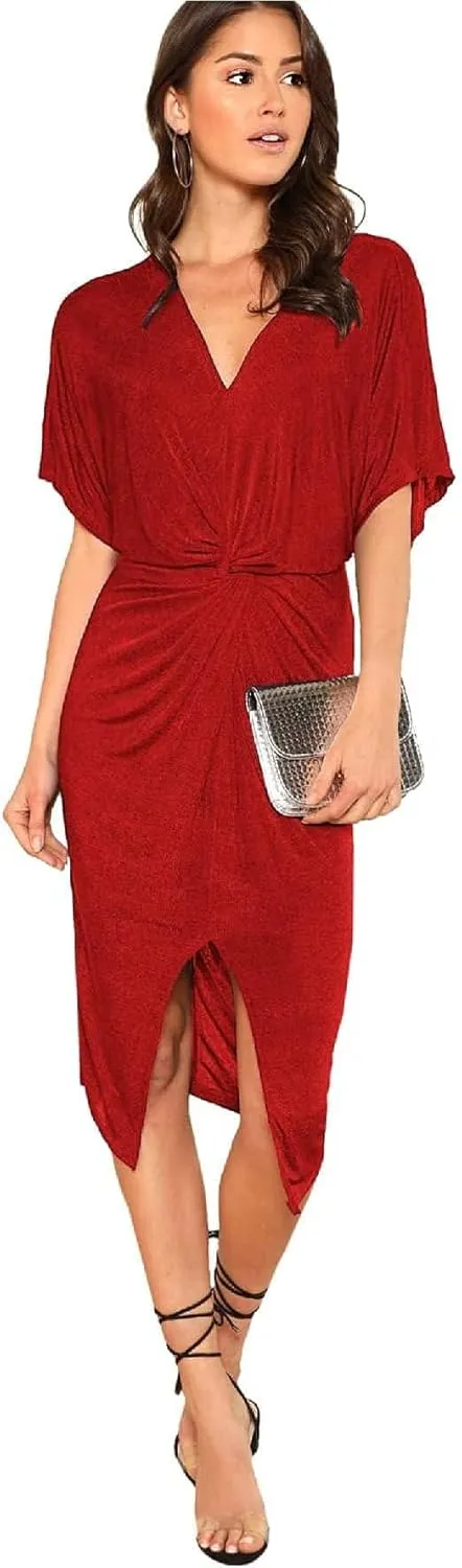 Floerns Women's Short Sleeve V Neck Twist Front Split Midi Dress