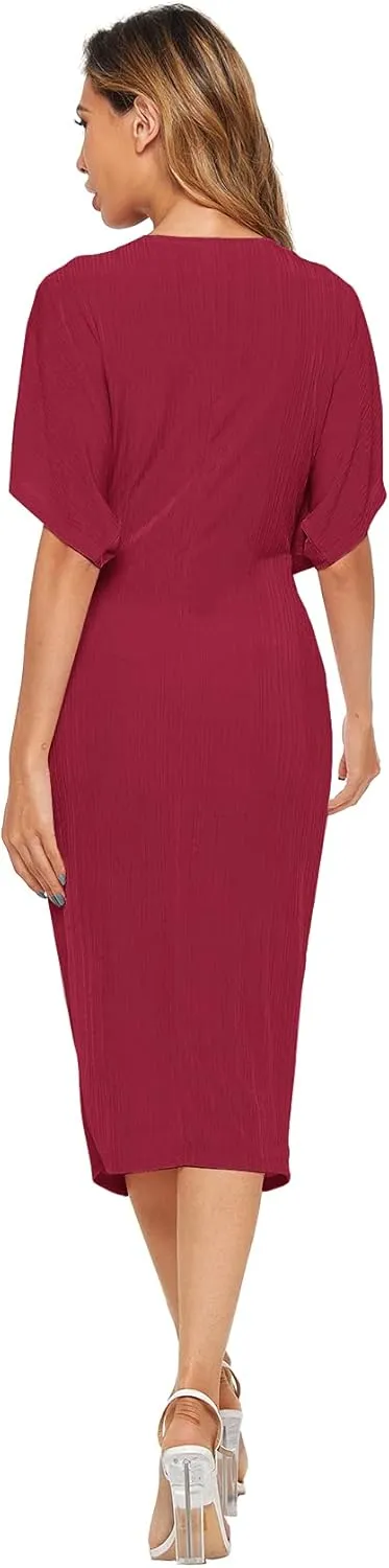 Floerns Women's Short Sleeve V Neck Twist Front Split Midi Dress