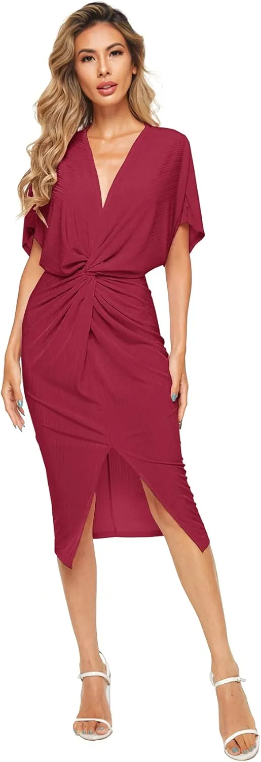 Floerns Women's Short Sleeve V Neck Twist Front Split Midi Dress