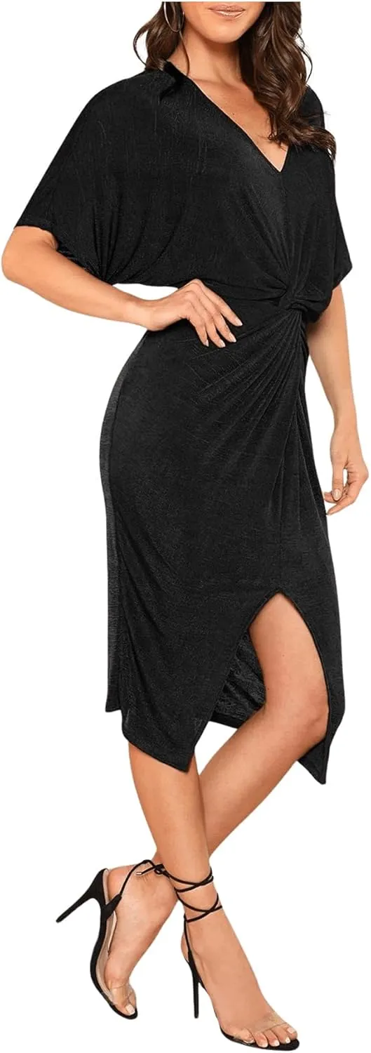 Floerns Women's Short Sleeve V Neck Twist Front Split Midi Dress