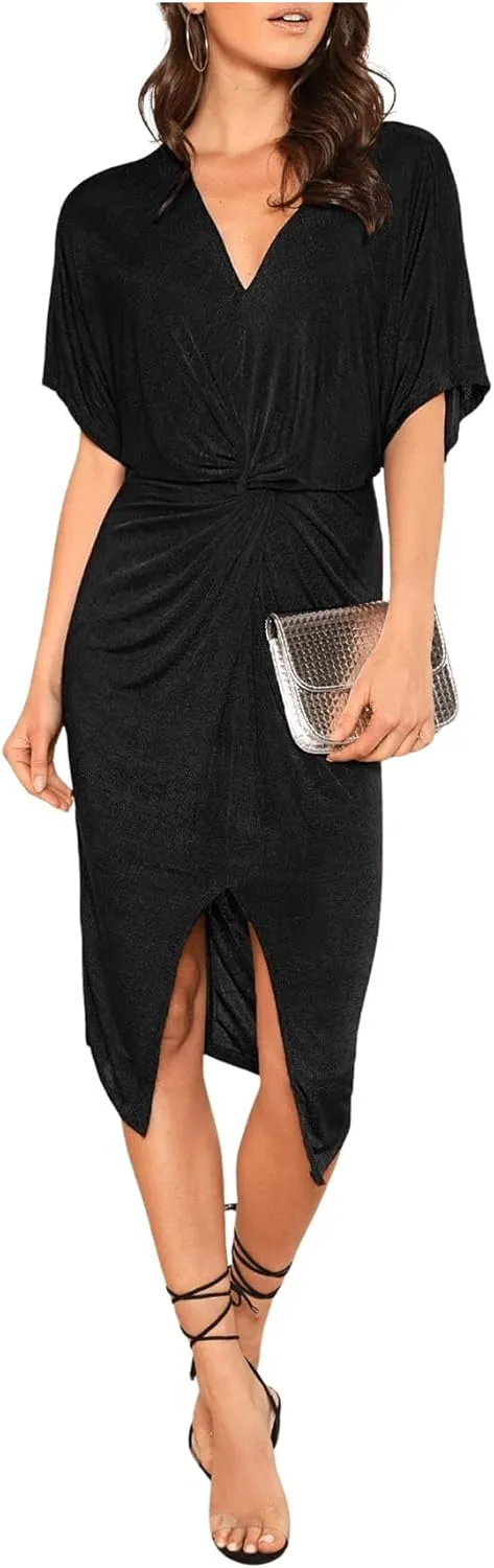 Floerns Women's Short Sleeve V Neck Twist Front Split Midi Dress