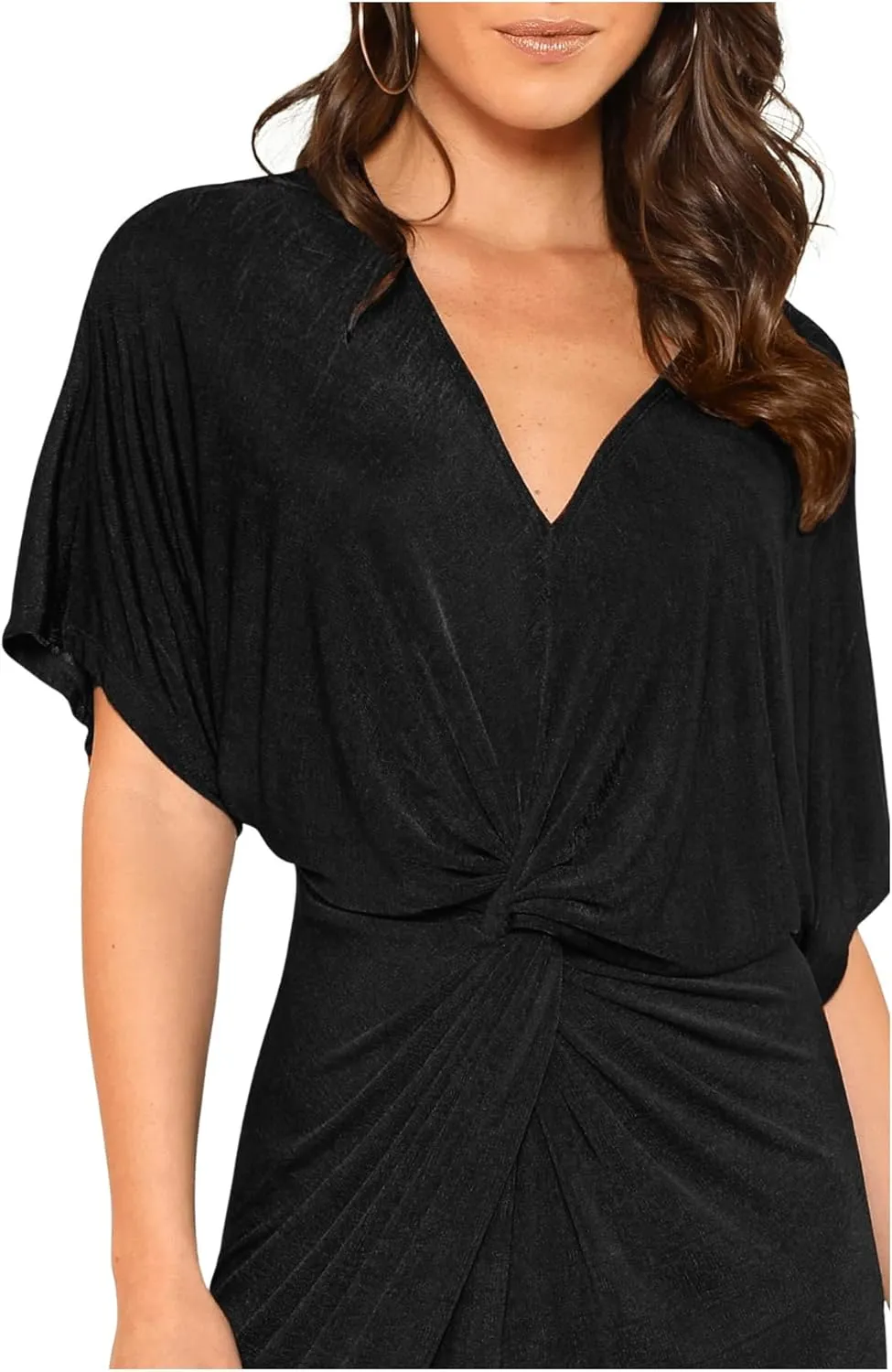 Floerns Women's Short Sleeve V Neck Twist Front Split Midi Dress