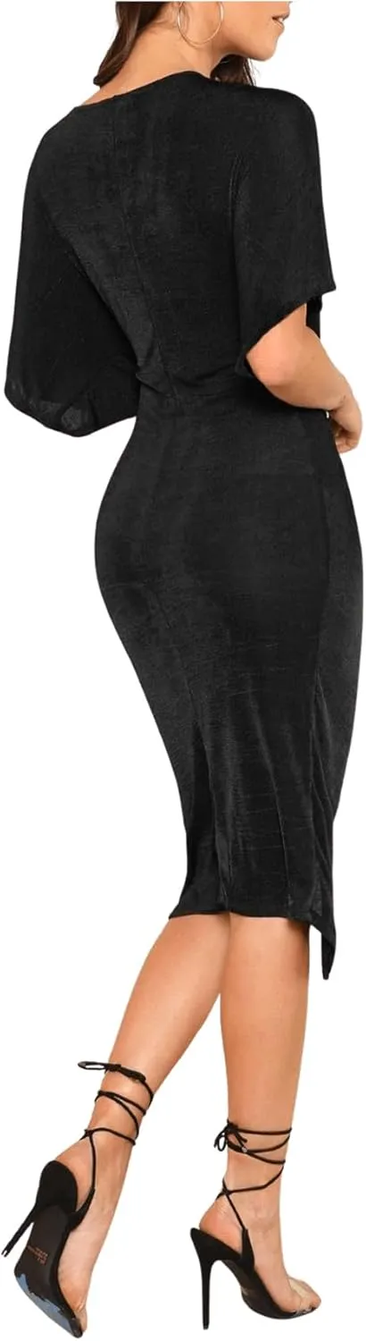 Floerns Women's Short Sleeve V Neck Twist Front Split Midi Dress
