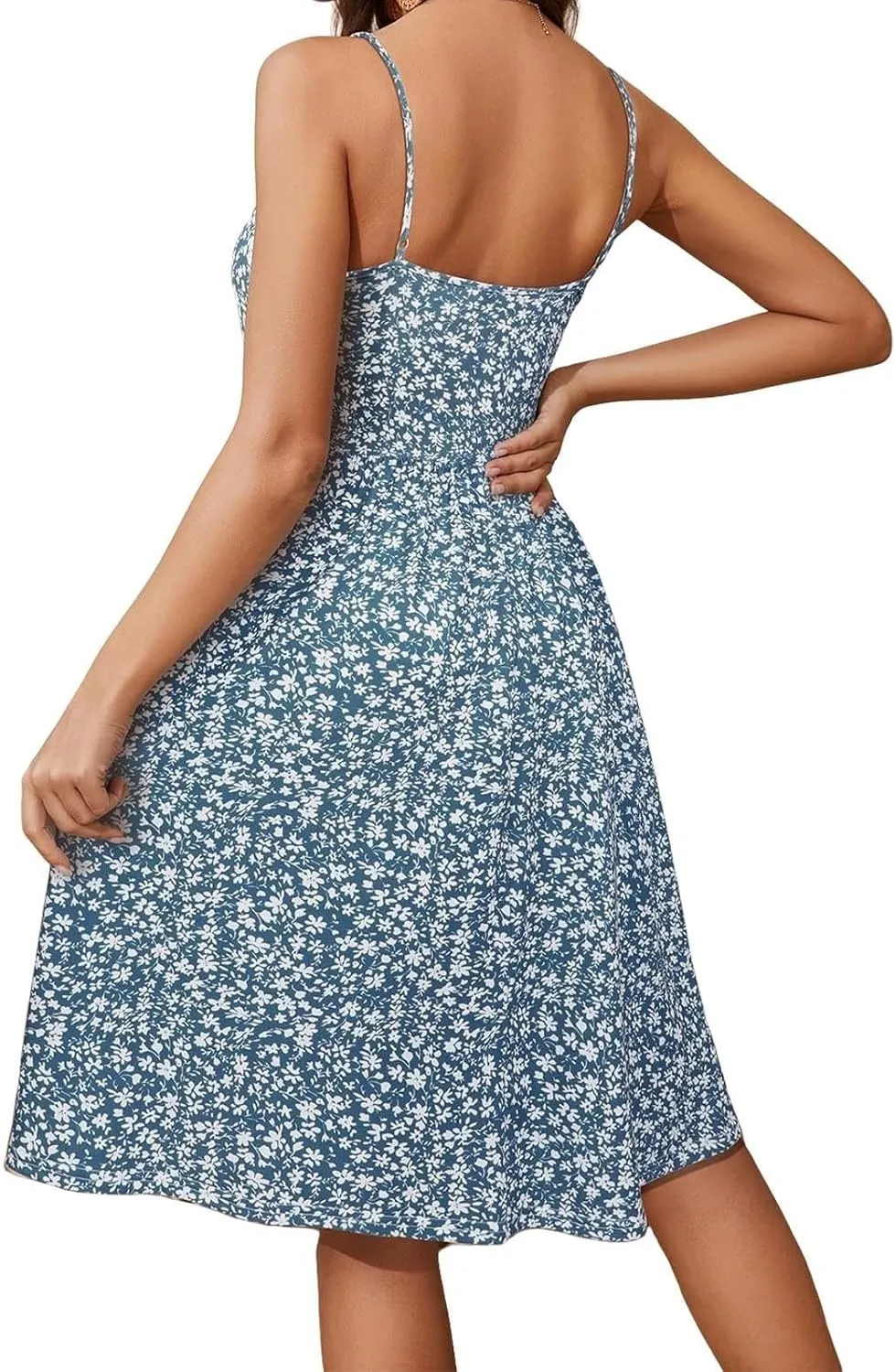 Floral Summer Dress for Women Vintage Casual Spaghetti Strap Knee Length Dress Beach Vacation Flowy Boho Sundress