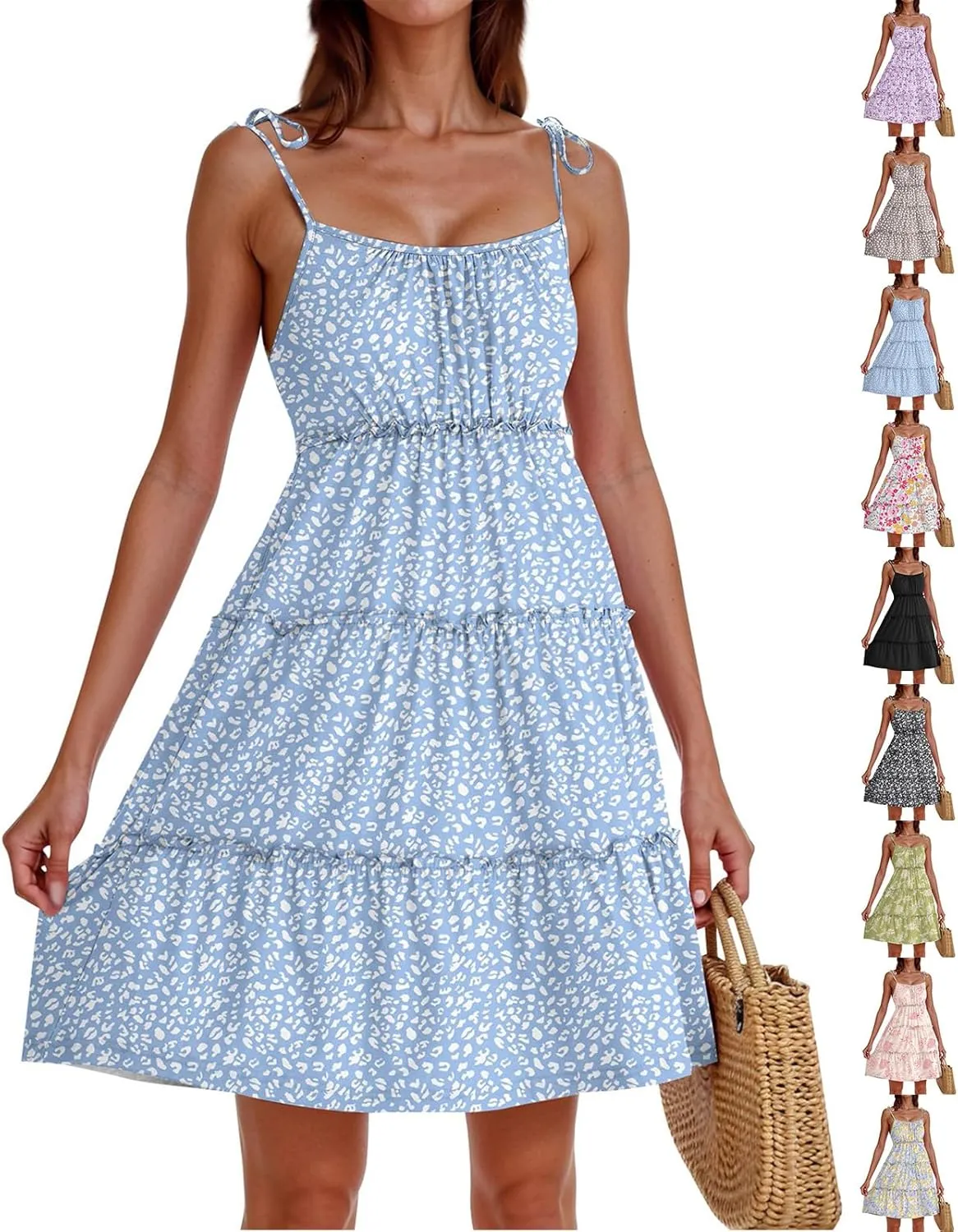 Floral Sundress for Women Cute Spaghetti Strap A Line Dress Boho Summer Casual Sleeveless Tiered Sundresses