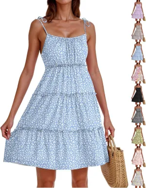 Floral Sundress for Women Cute Spaghetti Strap A Line Dress Boho Summer Casual Sleeveless Tiered Sundresses